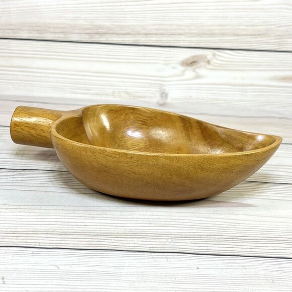 Vintage Wooden Leaf Shape Monkey Pod 9.5” Wood Bowl Nut Dish Scoop Ladle Acorn - Picture 11 of 13